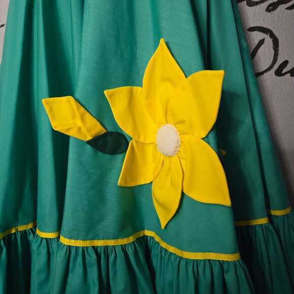 Vintage Handmade Square Dance Rockabilly Full Circle Skirt Green w/Yellow Flower - Picture 3 of 8